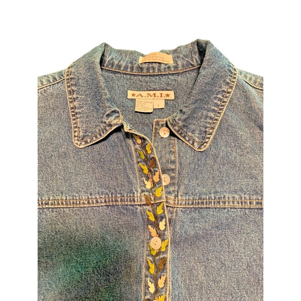 Vtg Denim Floral Embroidered Long Sleeve Shirt Women Size L  A.M.I - Button Down